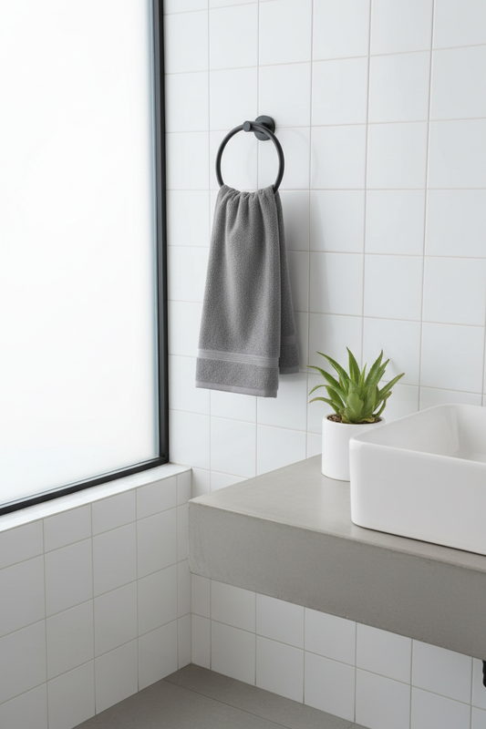 Soft microfiber hand towel hanging on a matte black towel ring in a minimal white bathroom