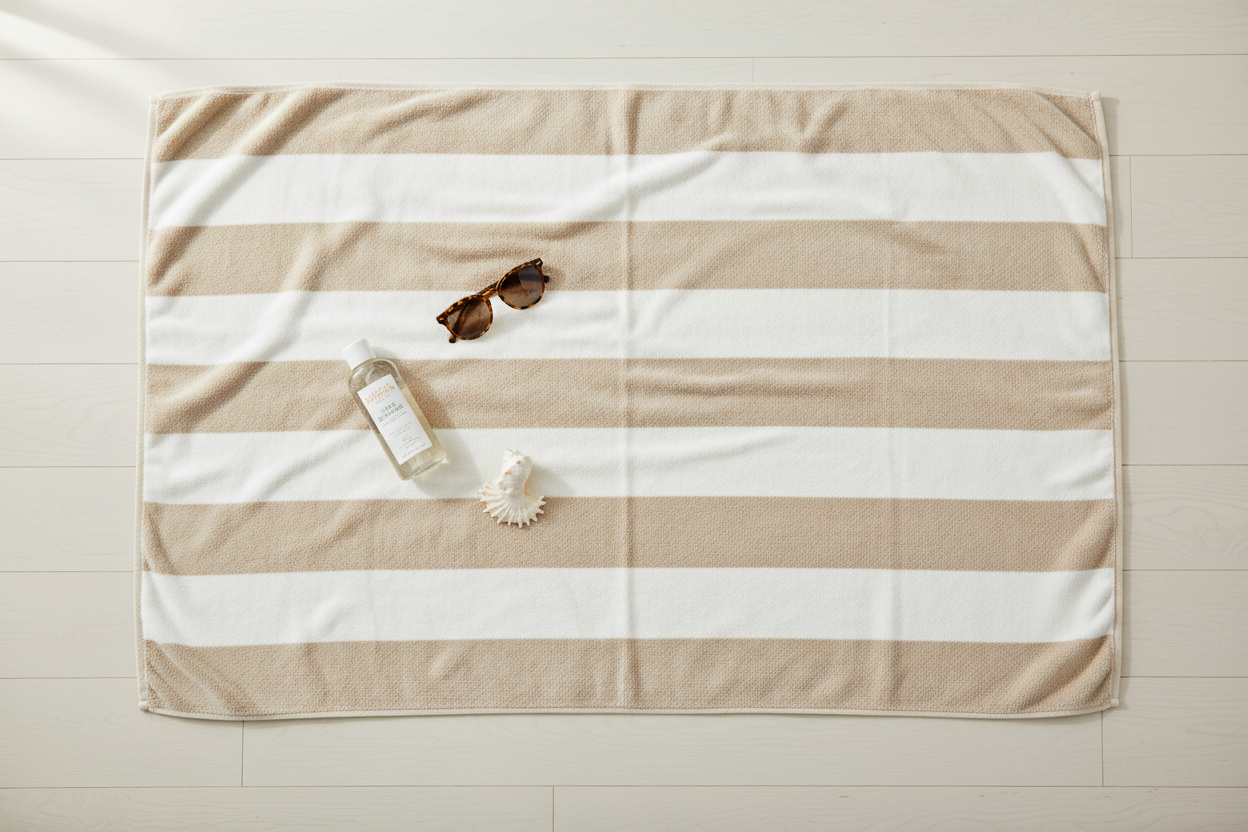 Overhead flat lay of striped beach towel with sunscreen, sunglasses and seashell props