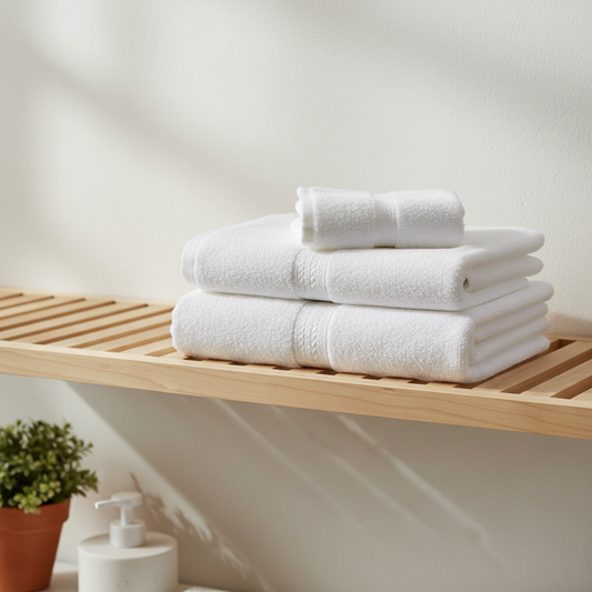 Soft white bath towel neatly folded on a wooden shelf in a bright bathroom