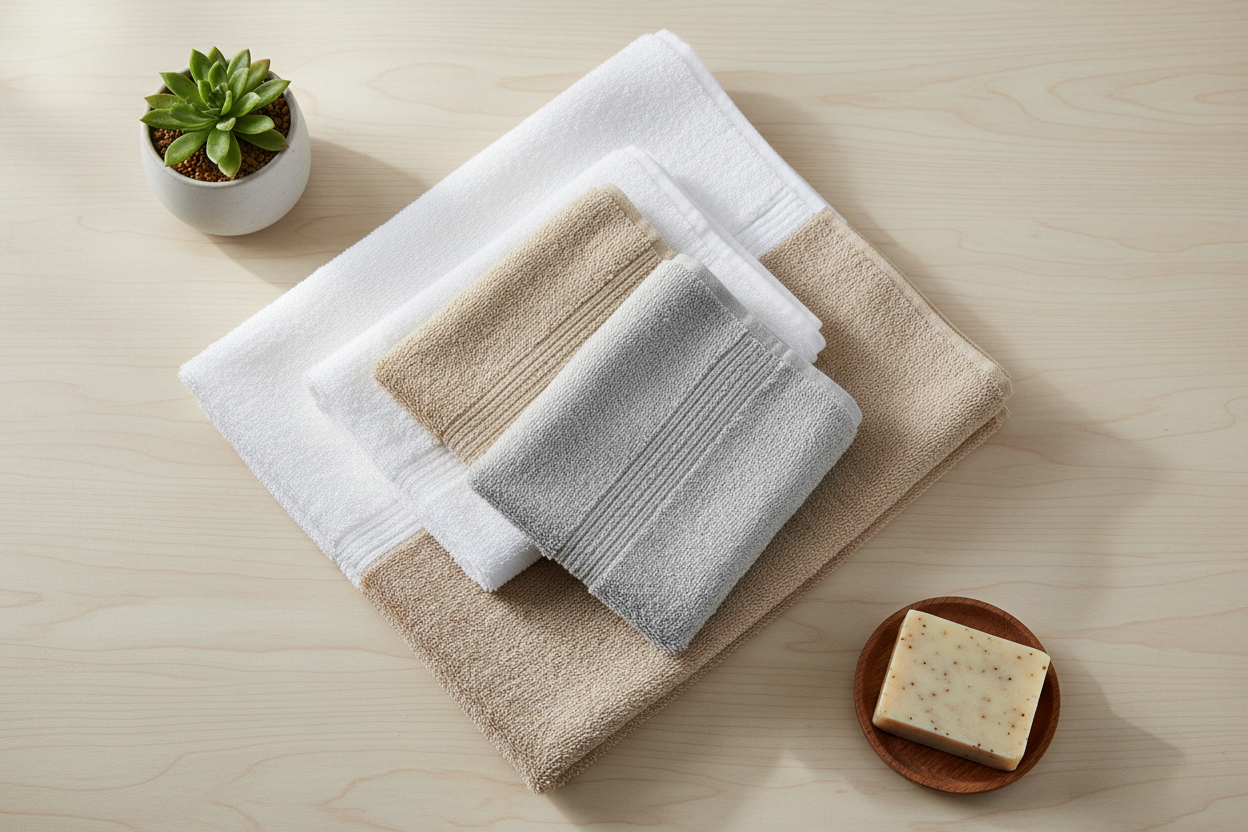 Flat lay of multiple folded bath towels in white, beige, and light gray