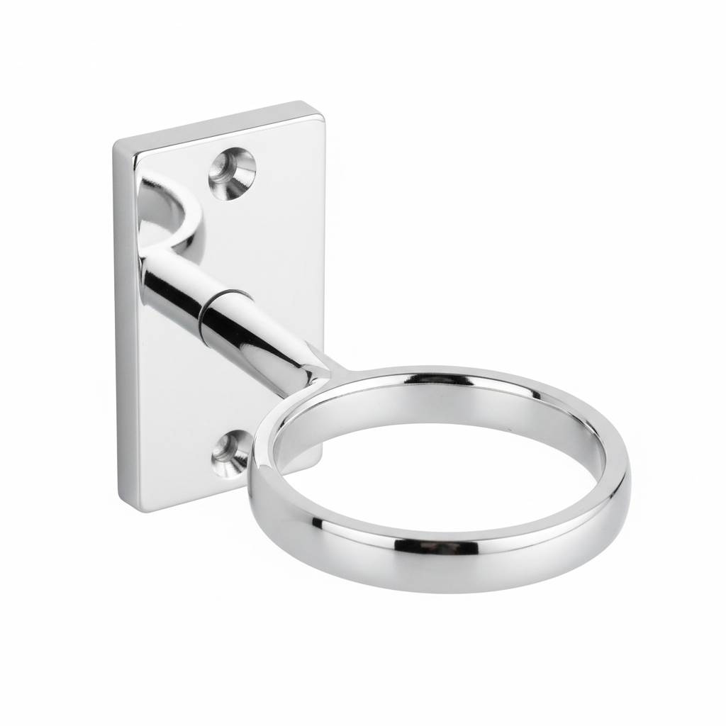 Close-up of wall-mounted cup holder bracket and mounting mechanism