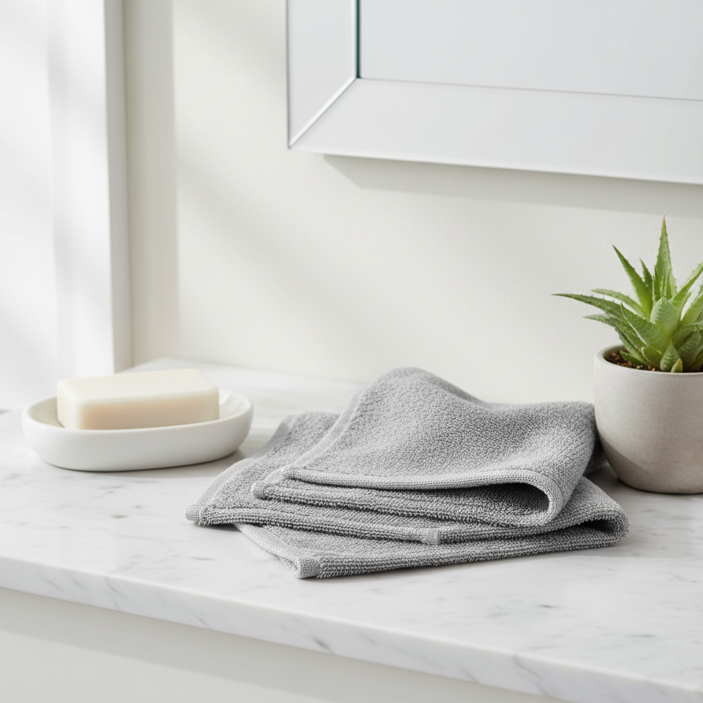 Soft microfiber hand towel in light gray on a white marble bathroom countertop