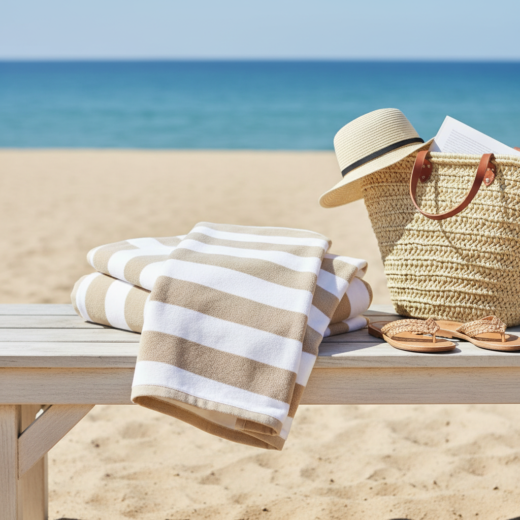 Folded oversized beach towel on wooden bench with beach bag and flip flops