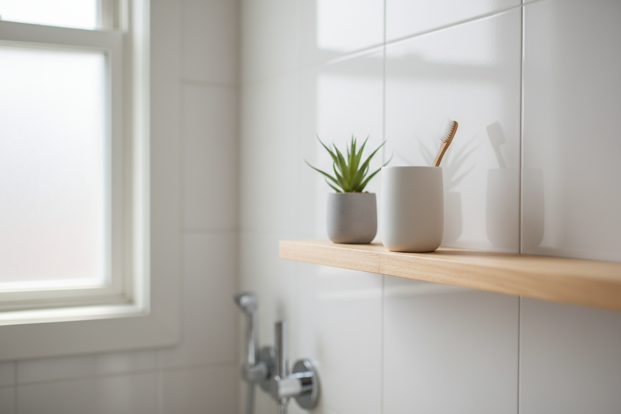White bathroom cup on wooden shelf with toothbrush and plant