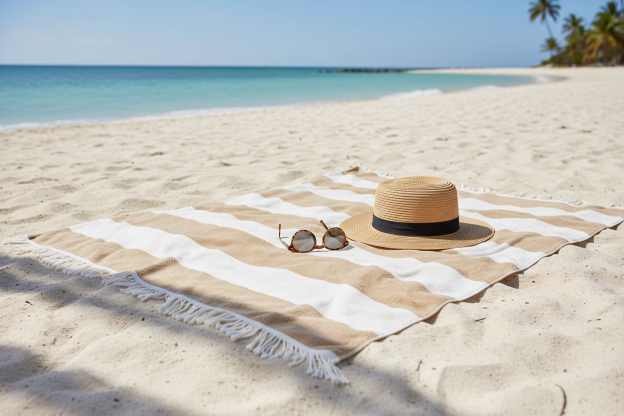 Oversized striped beach towel spread on sandy beach with sunglasses and straw hat