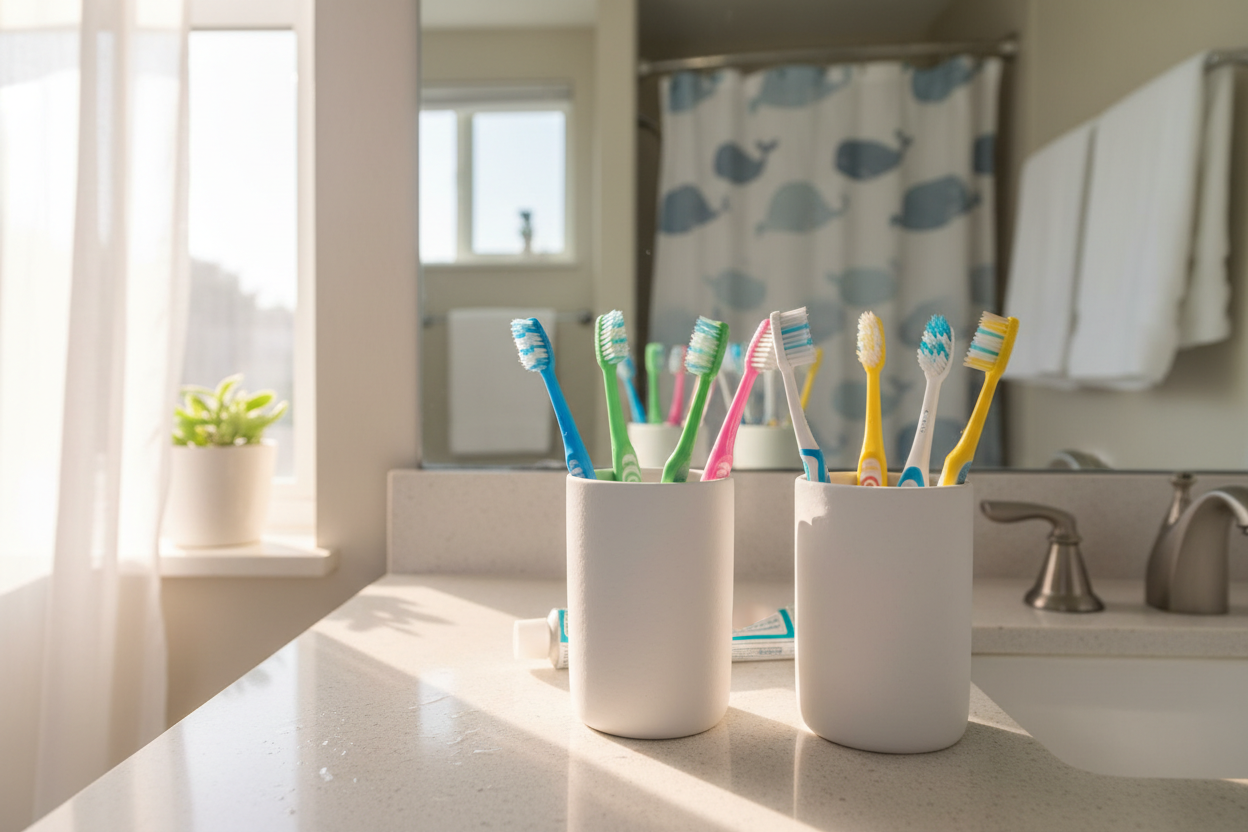 Family bathroom countertop with toothbrush holder set and multiple toothbrushes