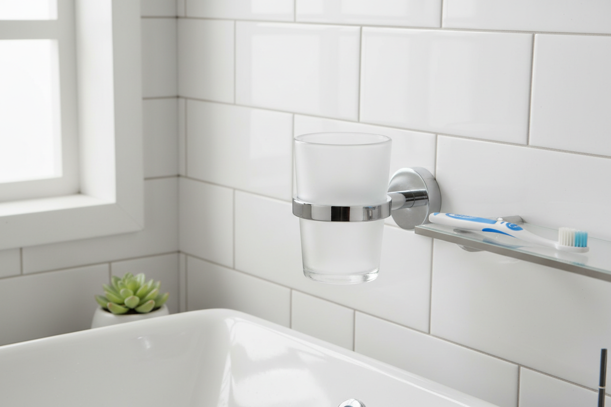Wall-mounted toothbrush cup holder installed above bathroom sink