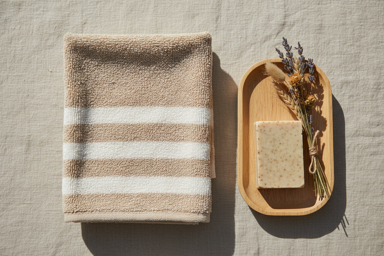 Flat lay of beige and white microfiber hand towel with wooden tray and dried flowers