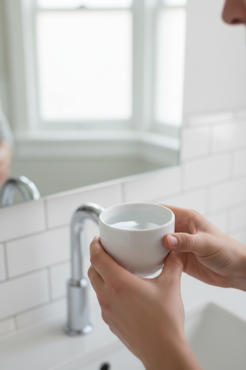 Hand holding white bathroom rinse cup with water