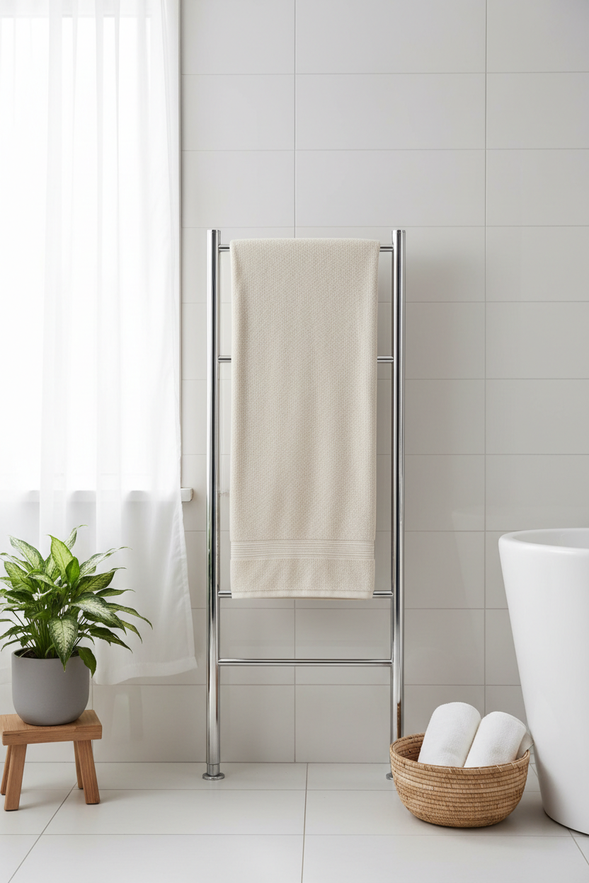 Bath towel hanging on a chrome rack in a clean, modern bathroom