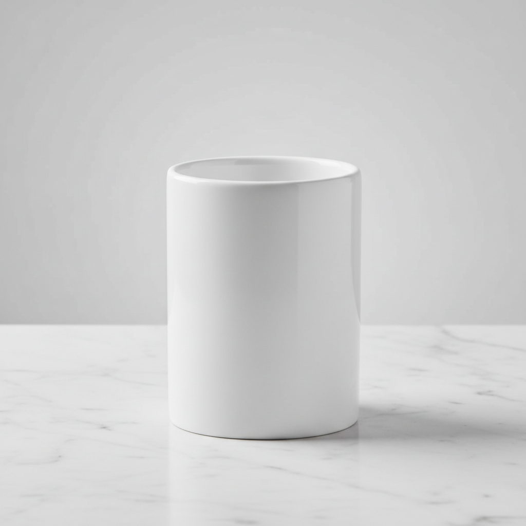 White round bathroom toothbrush rinse cup on marble countertop