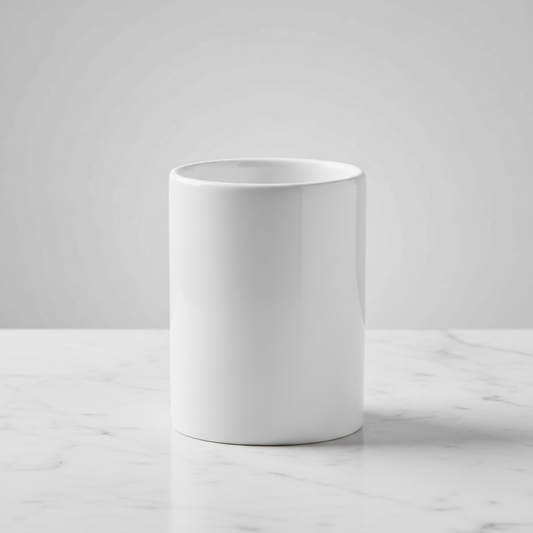 White round bathroom toothbrush rinse cup on marble countertop