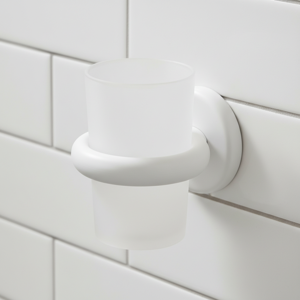 Matte white wall-mounted toothbrush cup holder on white tile wall