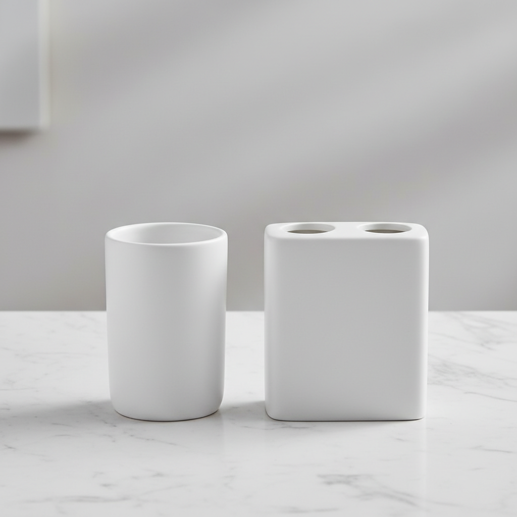 Matching white bathroom rinse cup and multi-slot toothbrush holder set on marble countertop