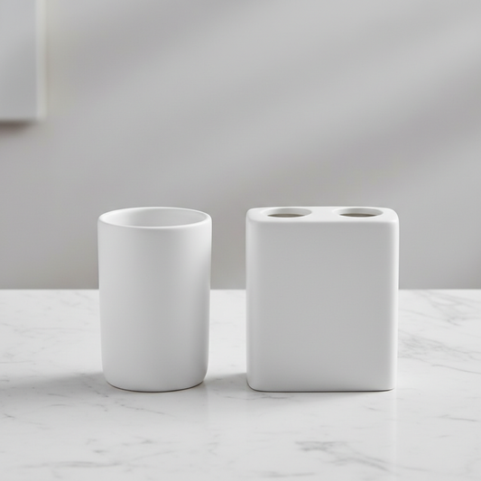Matching white bathroom rinse cup and multi-slot toothbrush holder set on marble countertop