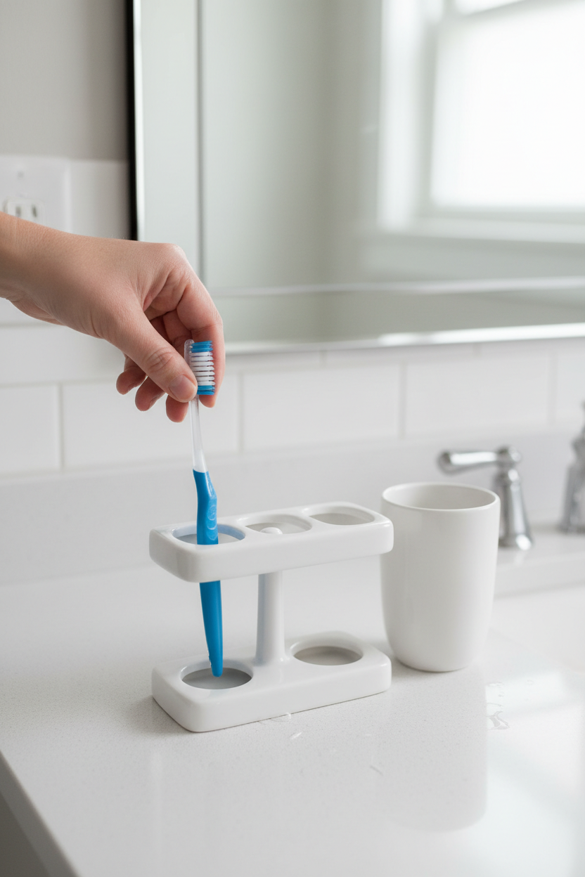Person placing toothbrush into multi-slot holder next to matching rinse cup