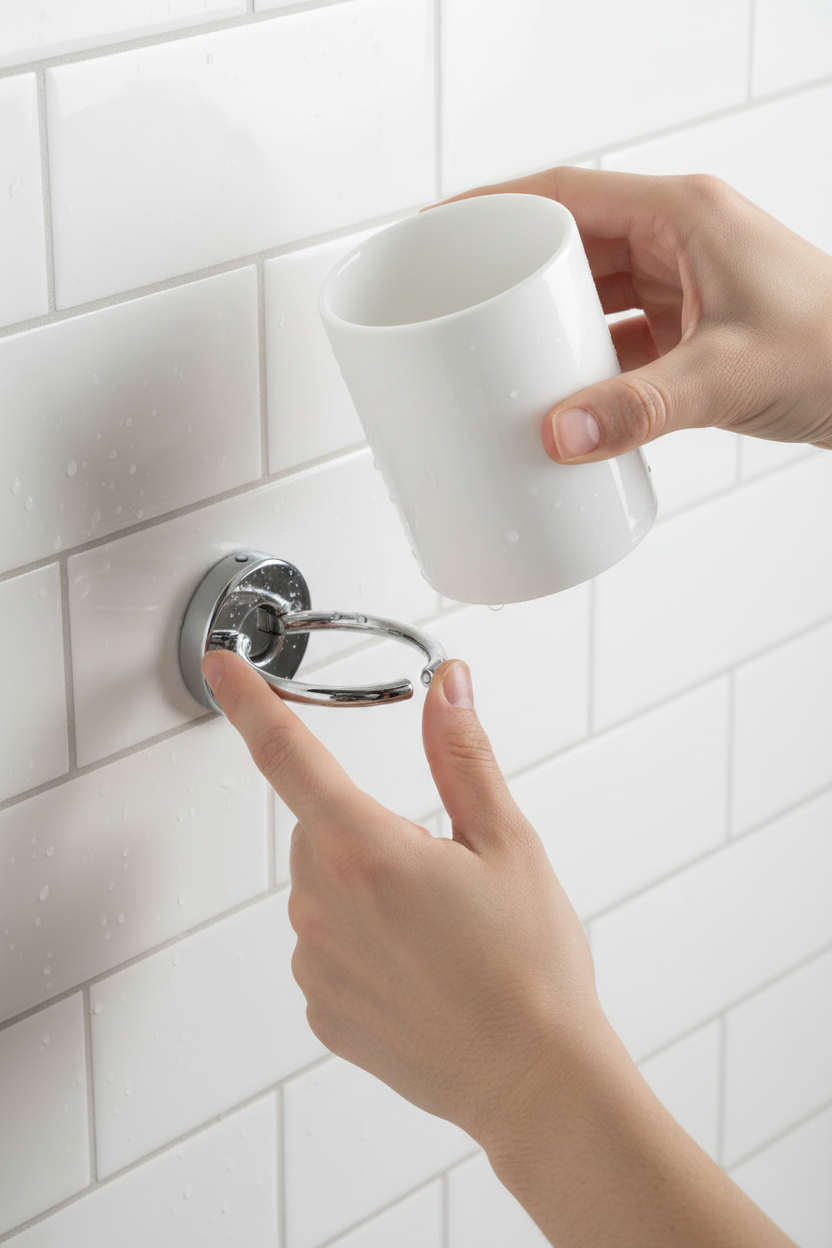 Hands demonstrating cup removal from wall-mounted holder